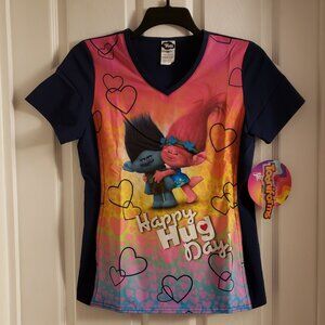 Trolls Poppy Branch Tooniforms Scrub Top Happy Hug Day XS V-Neck Shirt Blue Pink